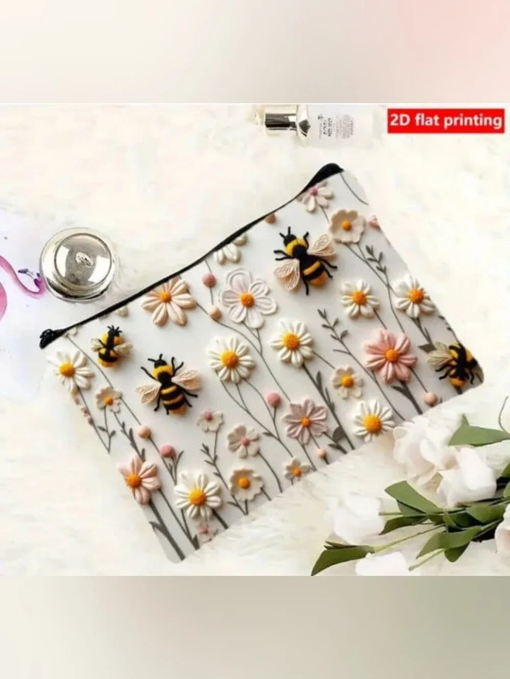 2D Bee & Daisy Floral Makeup Bag with Secure Zipper Closure  New